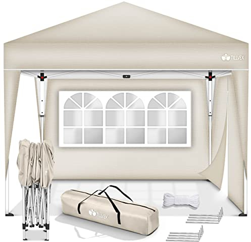 tillvex Gazebo 3x3m impermeabile | Gazebo pieghevole pop-up regolabile in altezza | Tenda da giardino protezione UV 50+ | Tenda Padiglione con borsa (Beige - con 2 Laterali)