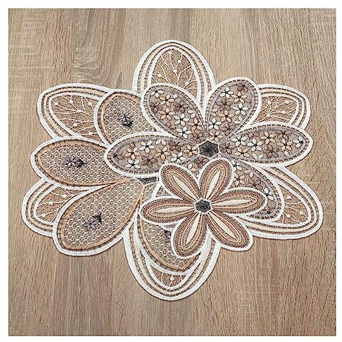 Deckchen Blütenzauber aus Echter Plauener Spitze Tischdecke mit Blumen-Muster in beige-braun 40 cm Durchmesser