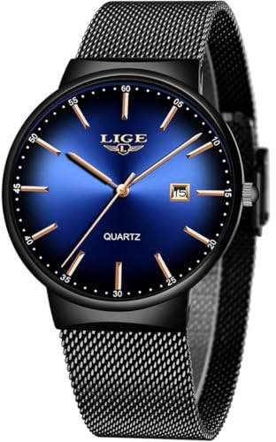 LIGE Uhren Herren Ultra Quarz Datumsanzeige Edelstahl-Meshband | LIGE Armbanduhr Herren, Ultradünnes Zifferblatt, Analoge Quarz, Roségoldzeiger mit Kalender, Mode Freizeit Outdoor Luxus