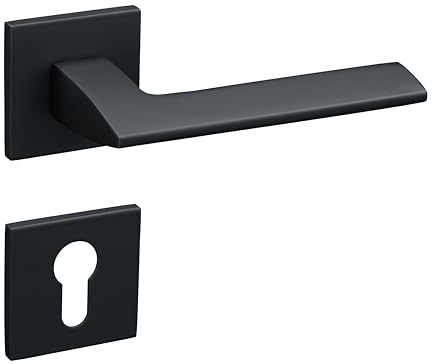 Gavroche Türgriffe Schwarz Matt Set PZ Profilzylinder | Türklinken für Innentüren | Drückergarnitur für Zimmertür mit eckiger Rosettengarnitur aus Aluminium | Türbeschlag in L-Form
