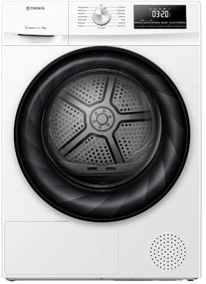 Teknix TKHP9HW 60cm Freestanding 9kg Heatpump Tumble Dryer - AI Sensor Dry - Front Load - Allergy Care - Drying Rack - White - A++ Rated