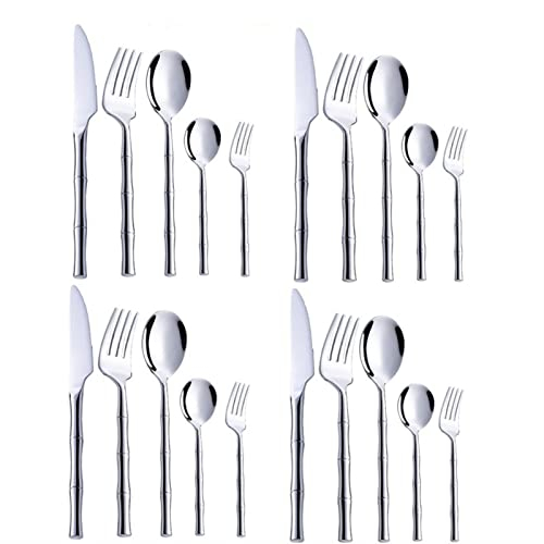 GaRcan Couverts 20 pièces en Forme de Bambou doré, Service de Table, Vaisselle de Table, cuillère, Couteau, Fourchette à Dessert, Lave-Vaisselle (Argent 20 pièces)