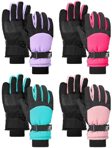 Hicarer 4 Pairs Winter Gloves for Kids Waterproof Snow Ski Gloves Girls Boys Warm Unisex Youth Clothes for Cold Weather(Light Purple, Blue Green, Light Pink, Rose Red,10-15 Years Old)