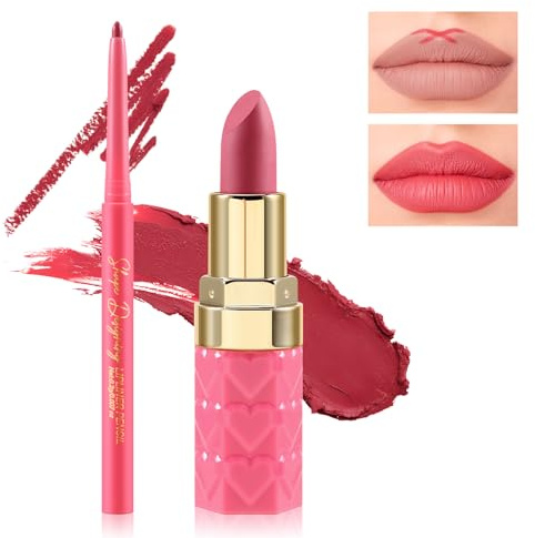 Boobeen 2Pcs Labbra Liner e rossetto Set di trucco, matita labbra vellutata Nude Lipliner Lip Gloss Make Up Set regalo per le donne, Ultra-Long-Lasting Matte ma non secco