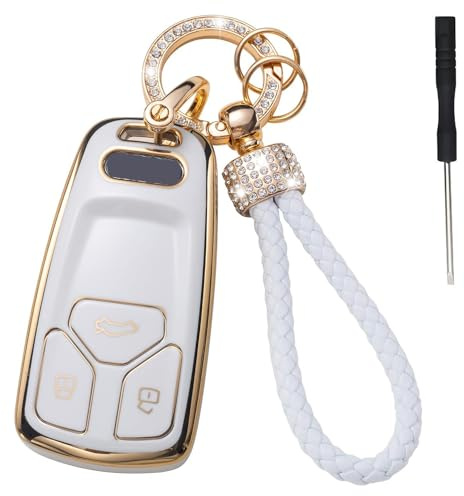 Misuyue Audi Schlüssel Hülle für A4 B9 A5 A4L A6L A8 Q7 Q5 TT TTS S4 S5 RS4 RS5, 3 Tasten TPU Audi Schlüsselhülle + Lederanhänger Schlüsselanhänger, Au-di A4 Schlüsselhülle Zubehör (weiß)