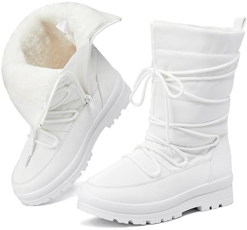 Snow Boots for Women Fur Winter Boots Waterproof Ski Boots Women's Mid Calf Boots Furry White Lace up Boots with Zipper(White.US7.5）