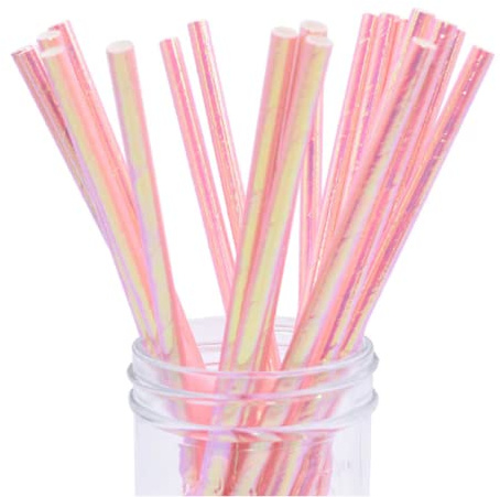100 Iridescent Pink Paper Straws, Pink Foil Drinking Straws for Birthday Decoration Mermaid Party Event Supplies (6x197mm)