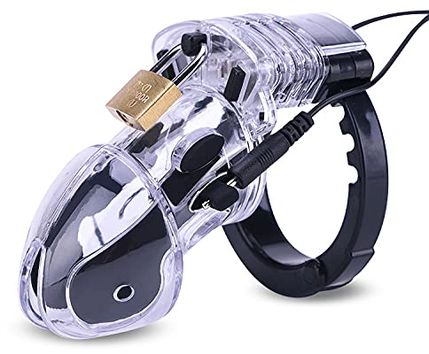 DaiQei Électrostimulation avec Cage à pénis Cage de chasteté électrique pénis Bondage Stimulation Ensemble Sexuel Appareil d'électrostimulation électrostimulation Hommes Sex Toy(Color:Clear,Size:C)