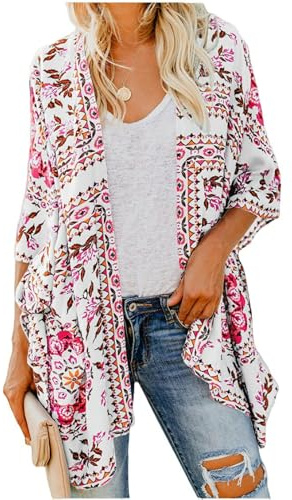 Cardigan mi-Long pour Femme, Manteau Kimono imprimé à Manches Longues, vêtement Fin de Protection Solaire - Blanc - Taille Unique