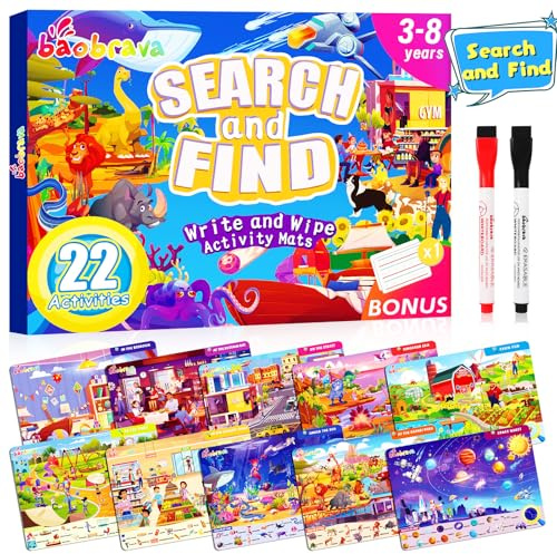 Baobrava Search and Find Game Books - Preschool Learning Activities for Kids Age 3-8, Travel Games for or Road Trip Car Airplane, Educational Seek Activity Birthday Gifts for Boys and Girls