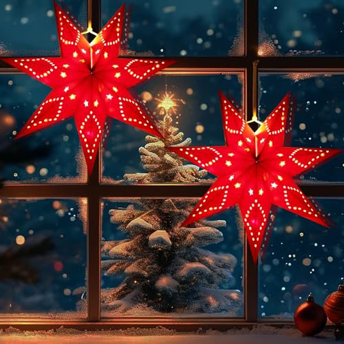 Stelle di Carta da Appendere,Stelle 3D di Carta Luminosa,Stella Luminosa Pieghevole Natale,Decorazione Natalizia Stella Luminosa,per Natale,Matrimoni,Compleanno,Feste Decorazioni (Rosso, 35cm)