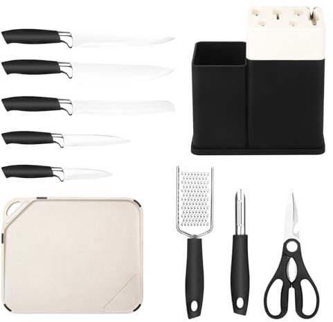 Knife Set with Block, 10 Pieces with Built-in Sharpener, Scissors, Peeler, Grater, Chopping Board - Stainless Steel, Essential Cooking Tools