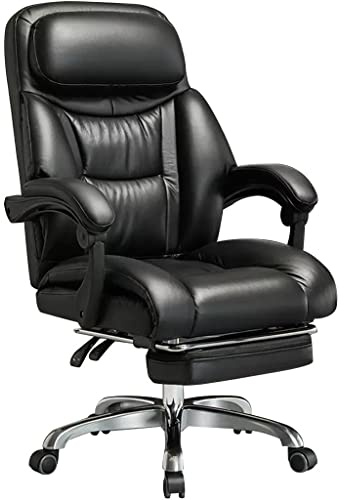 Ergonomischer Chefsessel mit Beinstütze und 90155° Liegefunktion, verschleißfestes Rindsleder, Heimbürostuhl für hohe Beanspruchung, unterstützt bis zu 200 kg, Schwarz