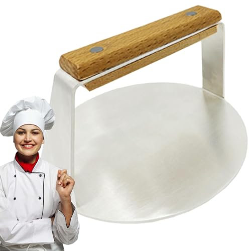 Fizepgo Burger Smasher - Wooden Handle Meat Press Stainless Steel Flat Patty Smasher,Round Smashed Burger Press, Hamburger Smasher Tool for Flat Top Griddle Grill Cooking