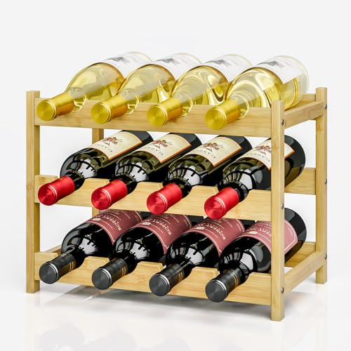 Dripex Bamboo Wine Rack, 12 Bottles Small Freestanding Wine Oganizer | 40x22x32cm, 3-Tier, 12 Bottles Holder, for Countertop, Kitchen, Bar, Cellar