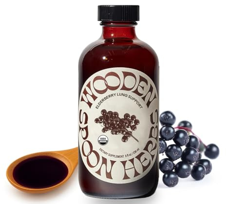 Wooden Spoon Herbs Elderberry Syrup | USDA Certified Organic Lung & Immune Support Tonic | Elderberry Syrup Blended with 6 Respiratory & Immune Support Herbs | Gluten-Free, Non-GMO, Vegan | 8 fl oz
