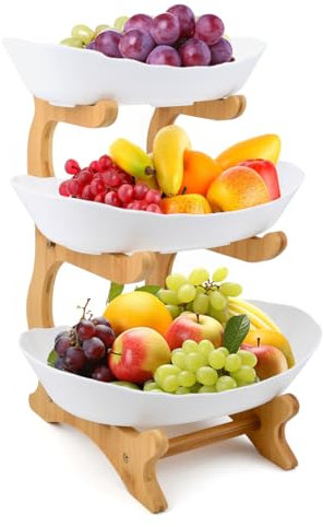 YOPEUC Frutero 3 Pisos Blanco Fruteros de Cocina Modernos, Frutero de Cesta de Frutas de 3 Niveles con Pararse Bambú para Decoración de Cocina, Frutas, Aperitivo, Verduras, Frutas