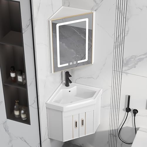 GSATREY Badezimmer Eckwaschbecken, Waschbecken Mit Unterschrank, Wandwaschbecken Set Für Kleine Räume, Beschlagfreiem LED-Spiegelschrank, Mit Armaturloch Badezimmermöbel, Für Wc(White,48cm/18.9in)