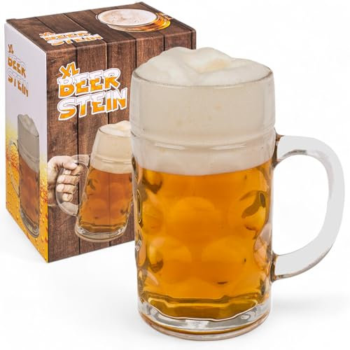 MIJOMA Boccale da birra in vetro XL, 1 litro, stabile, lavabile in lavastoviglie, elegante boccale da birra, un vero classico per gli amanti della birra e gli appassionati di Oktoberfest
