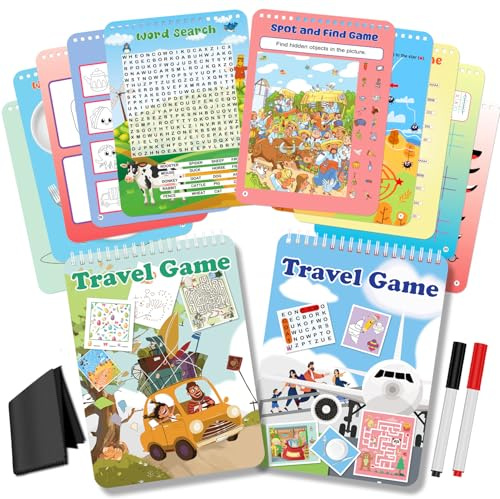 Elfew Paquete de 2 juegos de actividades reutilizables para niños de 4 a 8 años, 8 a 12 años, los juegos de viaje incluyen 56 juegos diferentes, 1-2 jugadores, juguete y herramienta de aprendizaje