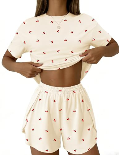 IECCP Pyjamas, dam, kort, pyjamas-set, sommar, nattkläder, loungewear pyjamas, Aprikos körsbär, S