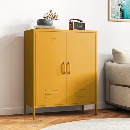 Bekrvio Kommode Optimierter Belüftung – Metall Sideboard mit Doppeltür, Metall Kommode verstellbaren Regalböden, stabil & langlebig, mit durchdachter Anleitung,Mehrzweckschrank (Maisgelb)