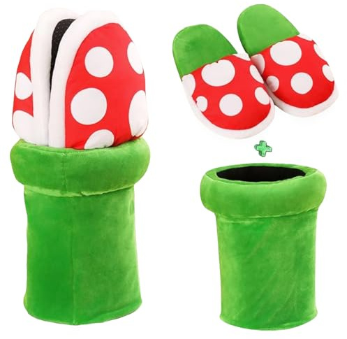 ENIXWH Pantuflas Piranha Plants Muñeca de Peluche Mullido Cosplay Slippers con tubo agarraderas para niños adultos mujeres divertidos invierno, marrón, 35/43 EU
