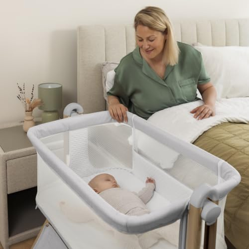 Obaby Cloud Bedside Crib – Grey, Compact Baby Cot with Adjustable Base & Breathable Mesh Sides