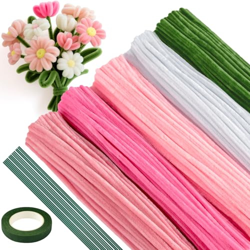 ASTARON 521 Pcs Pipe Cleaners Craft Set, 5 Colors Pipe Cleaners Bulk Pastel Chenille Stems for Craft Pipe Cleaner Flowers Making Kit with Floral Wires, Gardening Tape (Pink Series)