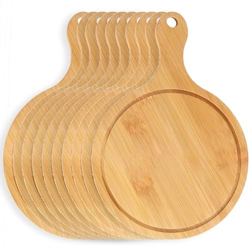 Vexorium Set de 10 Planches à Pizza Rondes en Bambou – Plateaux de Service 6 à 13 Pouces avec Poignée, Planche à Découper Charcuterie Fromage,6 inch (for 5 inch Pizza)