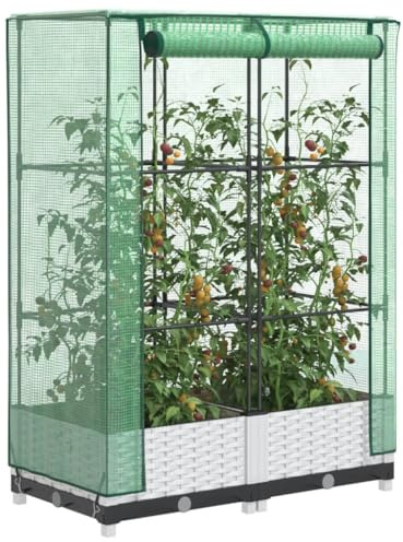 HaoChrymec Jardinera Elevada con Invernadero, Aspecto Ratán, Estructura de Polipropileno y Tubo de Hierro, Cremalleras para Ventilación, Huerto Urbano, Jardinera Vertical para Balcón, 80x40x123 cm