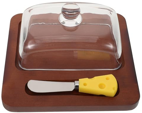 FUNOMOCYA Mantequera de Madera con Tapa de Vidrio y Cuchillo Metálico Recipiente para Cuadrado de y Queso para Cocinas y Repostería