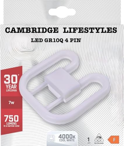 Cambridge Lifestyles ® LED 2D Lamp, GR10Q 4-pin GR8 4 Pin Base, 7W = 16W 750 Lumens, 4000K Cool White, 30 Years LifeSpan (New LED Replace Fluorescent LAMP)