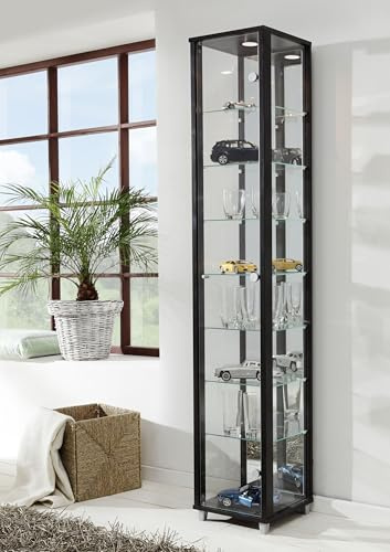 VR-Wohnwelten Glasvitrine (172x32x33 cm) in Schwarz mit 7 Glasböden, Spiegel und LED - Modellauto Vitrine Schwarz - Vitrinenschrank Schwarz - Sammlervitrine - Wohnzimmerschrank Regal Wand Schrank