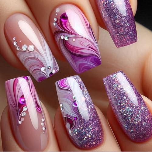 24 Stück Nägel zum Aufkleben Square, Lila Gradient French Fake Nails, Glitzer Sternenhimmel Künstliche Fingernägel, Mittel Kunstnägel zum Aufkleben mit Strass, Natürliche Falsche Nägel für Frauen
