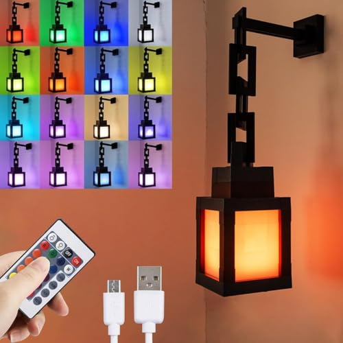 3D Pixelated Lantern Night Light - USB Rechargeable Night Lamp - 16 Colors LED Mood Light Switch & Remote Control - Wall or Table Mounting Lights, Ideal for Room, Game Room Decor, Gifts for Boys