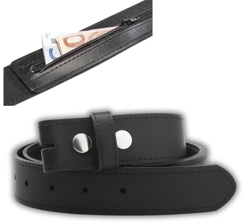INVIDA Herren Gürtel ohne Schnalle aus Rindleder, schwarz, mit verstecktem Reißverschlussfach für Geldscheine, Tresorgürtel VAULT für Wechselschließen, 4 cm breit, Bundweite 90–130 cm, Made in Germany