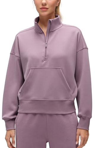 CRZ YOGA SoftAura Half Zip Sweatshirts | Peach-Fuzz Texture, Casual, Relaxed Fit, Pullover, Kangaroo Pockets, Funnel Neck, Sweat Shirts for Women