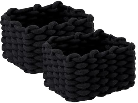 Aufbewahrungskorb Baumwolle 2er Set Geflochten Strickkorb, Badezimmer Organizer Wickeltisch Organizer Dekorative Quadratische Speicher Regalkörbe Für Schminke Socken Spielzeug (Schwarz)