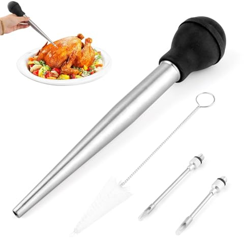 Juego de 4 jeringas de acero inoxidable, 2 agujas desmontables, cepillo de limpieza, bombilla de goma de grado comercial, jeringa de inyección de carne, inyector de adobo, barbacoa, cocina y horneado