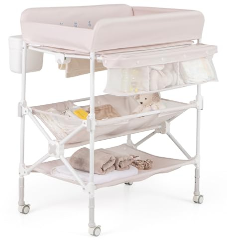 COSTWAY 5 in 1 Wickelkommode, Wickeltisch klappbar, Wickelstation höhenverstellbar mit Seitenkorb, Regalen & Mülleimer, tragbares Baby Changing Table mit Rollen für Neugeborene & Säuglinge (Beige)