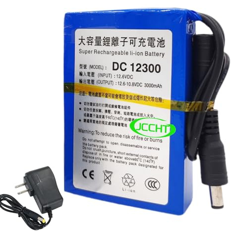 JCCHT Batería de Litio de 12 V y 3000 mAh, Recargable, Ideal para cámaras Bluetooth/CCTV, Tiras de Luces LED y Otros Dispositivos eléctricos de 12 voltios.