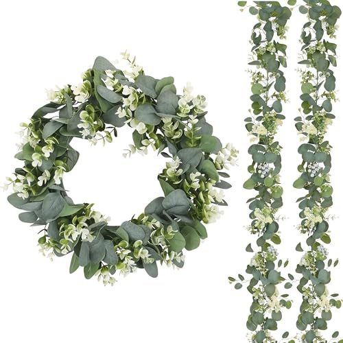 3Pcs Eucalyptus Wreath for Front Door, 45 cm/18 inch Spring Summer Green Wreath, Lifelike Artificial Small Door Wreath Decoration for Farmhouse, Wedding, Home, Window, Wall, Fireplac