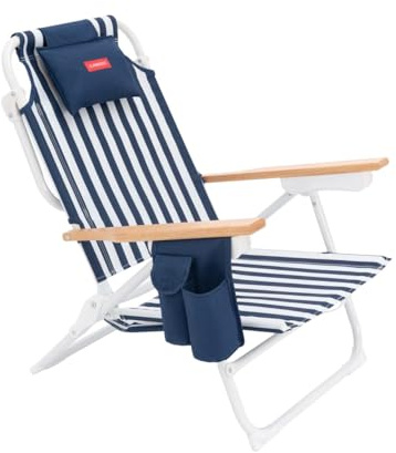 Flamingueo Solstol Havsstrand - Vikbar - Reclinerbar 5 Positioner - Isolerad Kylficka - Ficka för Mobil - Ryggsäckshandtag - Ergonomisk Kudde - Aluminium och Polyester - Marinblå
