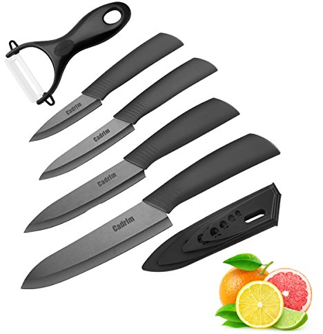 Cadrim Keramikmesser Set 5-teilig, Kochmesser mit Klingenschutz, Gemüsemesser und Kochmesser, Keramik Küchenmesser zum Schneiden Obst Gemüse Fleisch (Schwarz)