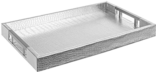 Modern Elegant 17.5x12 Rectangle Glossy Silver Crocodile Faux Leather Tray Decorative Ottoman Coffee Table Display Perfume Dresser Kitchen Serving Tray with Silver Metal Handles by Home Redefined