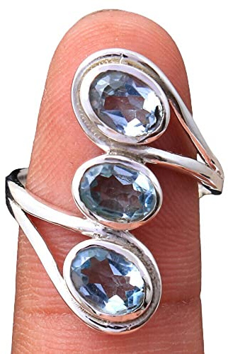 Blau-Topas 925 Sterling Silber Ringe für Damen, Blaue Brautjungfernringe, Ovale Edelsteinringe, 3-Steine Designer Ringe, Lünette Set Handgefertigte Ringe Muttertagsgeschenk