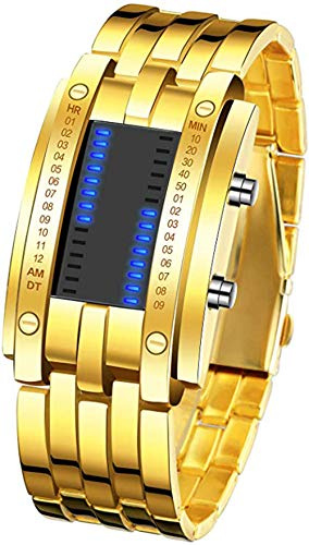 MASTOP Men Sport Digital Electronic Watch LED Display Binary Time Waterproof Rectangle Wristwatch Alloy Strap (Gold)
