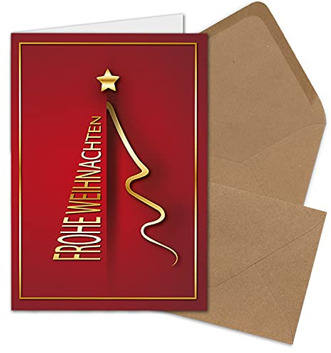 NEUSER PAPIER 10x Weihnachtskarten-Set DIN A6 in Rot mit goldenem Weihnachtsbaum - Faltkarten mit Umschlägen DIN C6 in Kraftpapier Sandbraun mit Nassklebung - Weihnachtsgrüße für Firmen und Privat