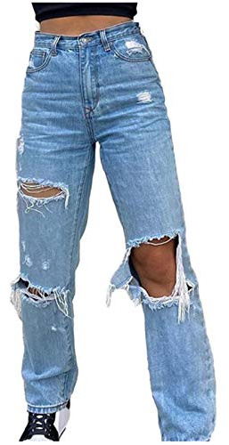 Jeanshosen für Teenager Mädchen Mode High Waist Asymmetrische Loch Jeans Casual Baggy Gerade Jeanshose Stretch Denim Pants Bootcut Jeans Bund Gerissen Lange Hose Freizeithose Streetwear